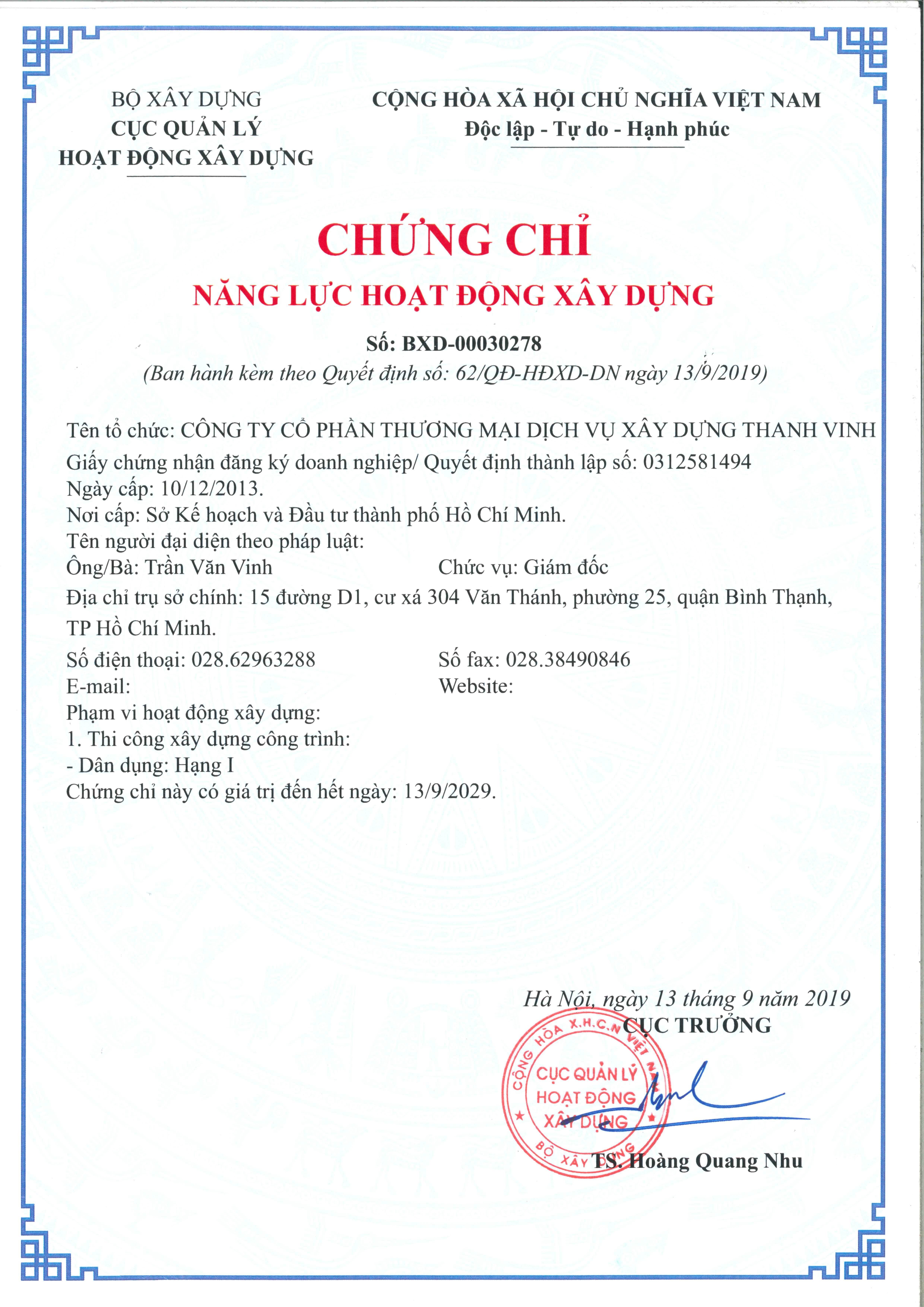 CHỨNG CHỈ THI CÔNG CÔNG TRÌNH DÂN DỤNG